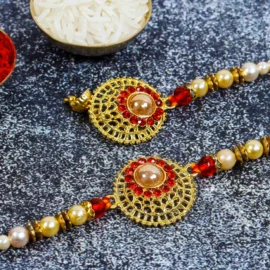 💖 Bhai Bhabhi Rakhi Set – Red & Golden | Traditional Couple Rakhi Set
