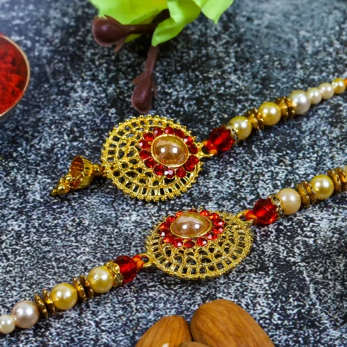 💖 Bhai Bhabhi Rakhi Set – Red & Golden | Traditional Couple Rakhi Set - Image 2