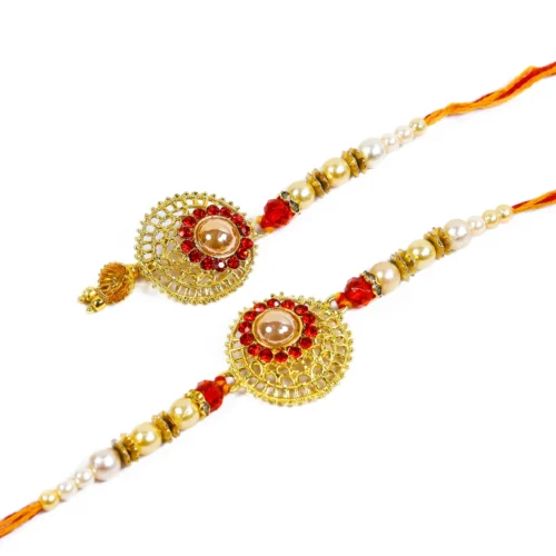💖 Bhai Bhabhi Rakhi Set – Red & Golden | Traditional Couple Rakhi Set - Image 3